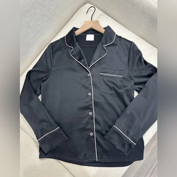 Le Rose Stories Black Satin Pajama Set White Trim XS - Picture 3 of 8